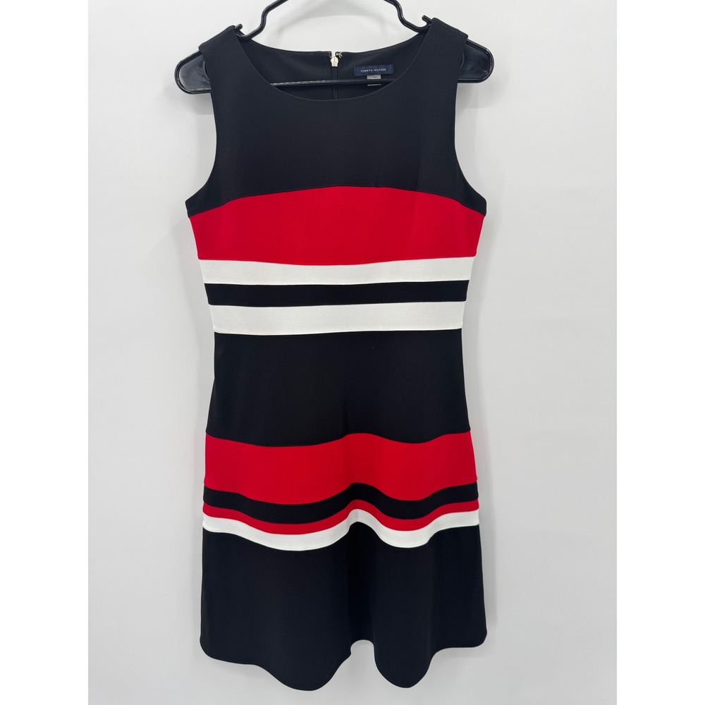 Tommy Hilfiger Womens Colorblock Sleeveless Sheath Dress Black Red White 8